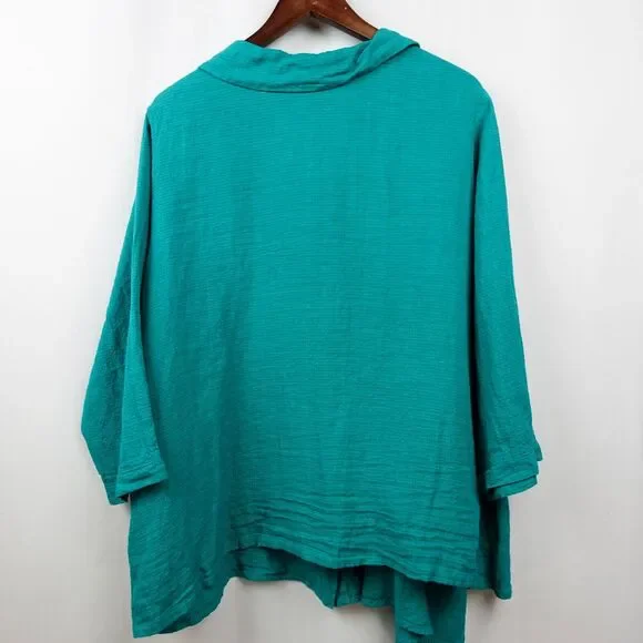 Nilgun Derman Niche Asymmetric Linen Blend Blouse Size XL Teal Green Lagenlook‎ - Picture 7 of 8
